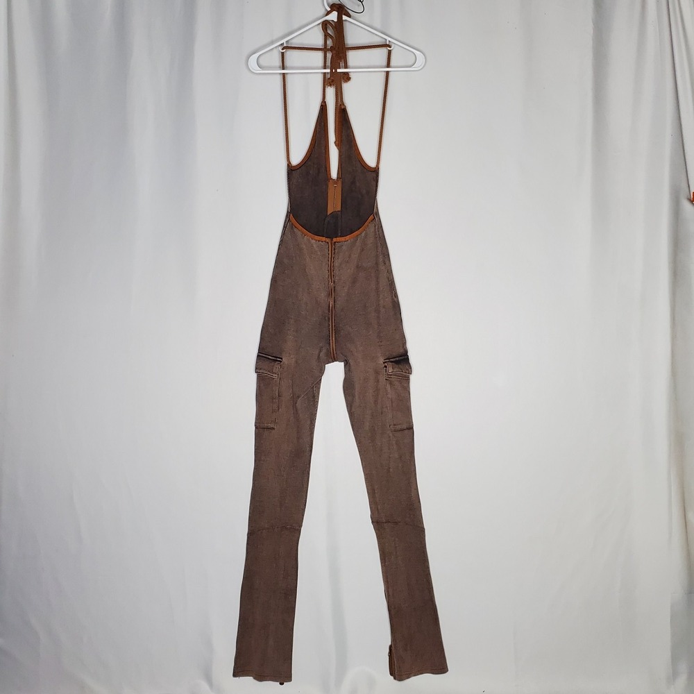 Ribbed Halter Bodycon Jumpsuit Women Medium Brown Zipper Cargo Urban Baddie - Picture 2 of 14